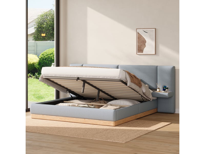  Lit coffre rembourré 180x200 cm -  avec étagères en tête de lit et ports usb - tissu teddy + pu​​ - gris+naturel (sans matelas)  - Conforama D