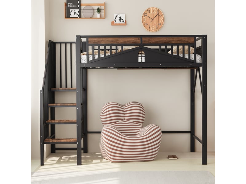  Lit mezzanine 90x200cm coloris noir métal et bois massif lit enfant noir - Conforama D
