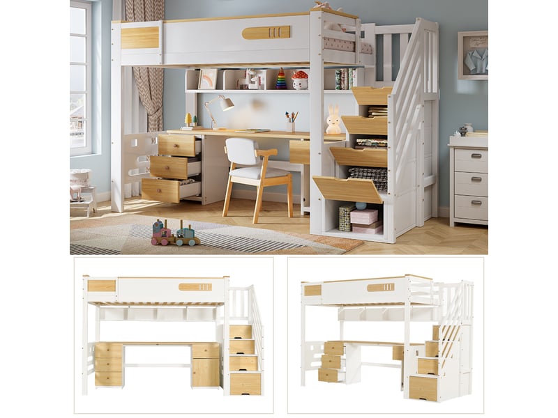 Lit mezzanine enfant 90x200 cm, bureau avec tiroirs, escalier-rangement, étagère suspendue, bois blanc et naturel Radiant Stride - Conforama E