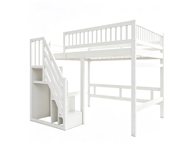  Lit mezzanine 140x200 cm en bois blanc, escalier avec rangement et barrières hautes  - Conforama D