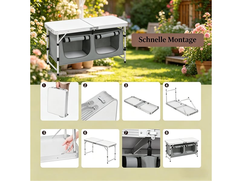 Table de pique-nique pliante, pieds réglables, table camping extérieure avec sac de rangement suspendu - Conforama E