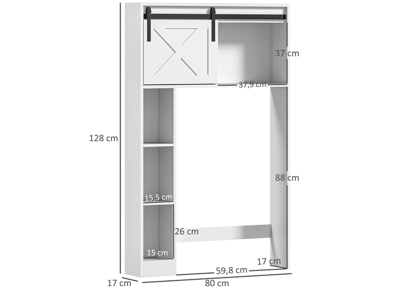  Meuble de rangement au-dessus des toilettes avec porte coulissante, meuble étagère dessus wc, étagère réglable, blanc  - Conforama E