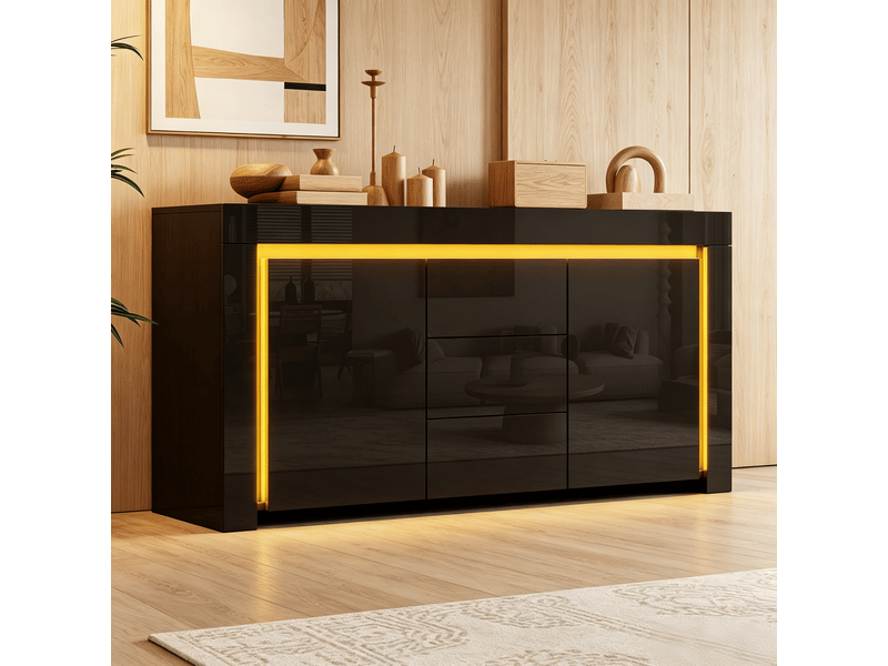 Buffet noir brillant 140 cm avec éclairage led - 3 tiroirs 2 portes - Conforama D