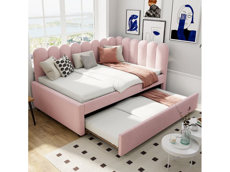  Lit gigogne 140x200 cm en velours rose, dossier en l à motif pétale  - Conforama B