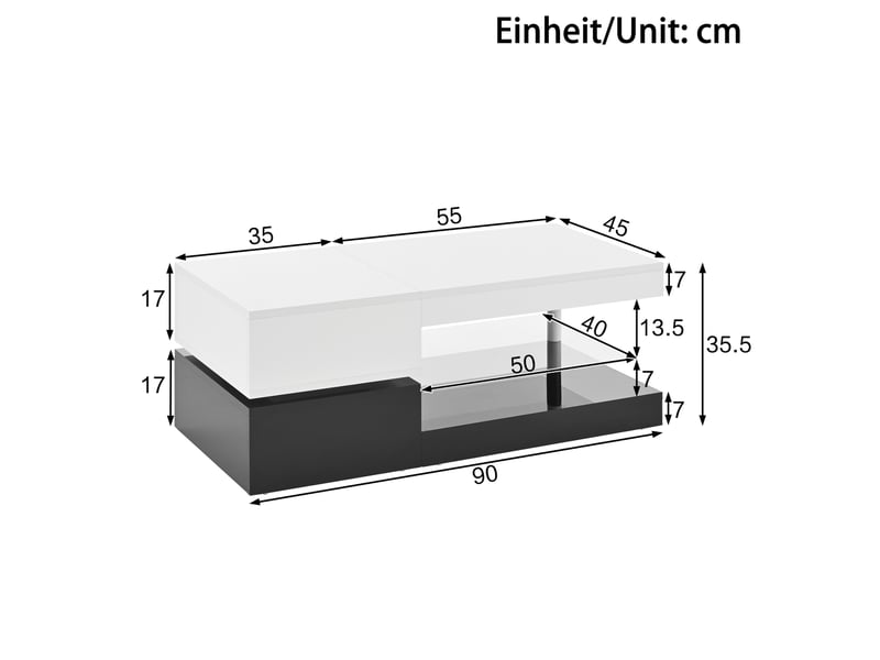 Table basse rectangulaire 90x45x35,5 cm avec led, étagère en verre, design contrasté noir et blanc, salon, aggloméré - Conforama C