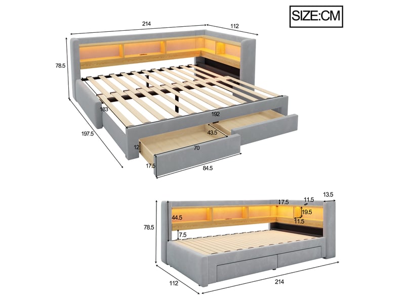 Lit gigogne 90x200 cm avec lit tiroir extensible 180x200 cm, rangement, led et prise, lit banquette multifonction en velours - gris - Conforama C