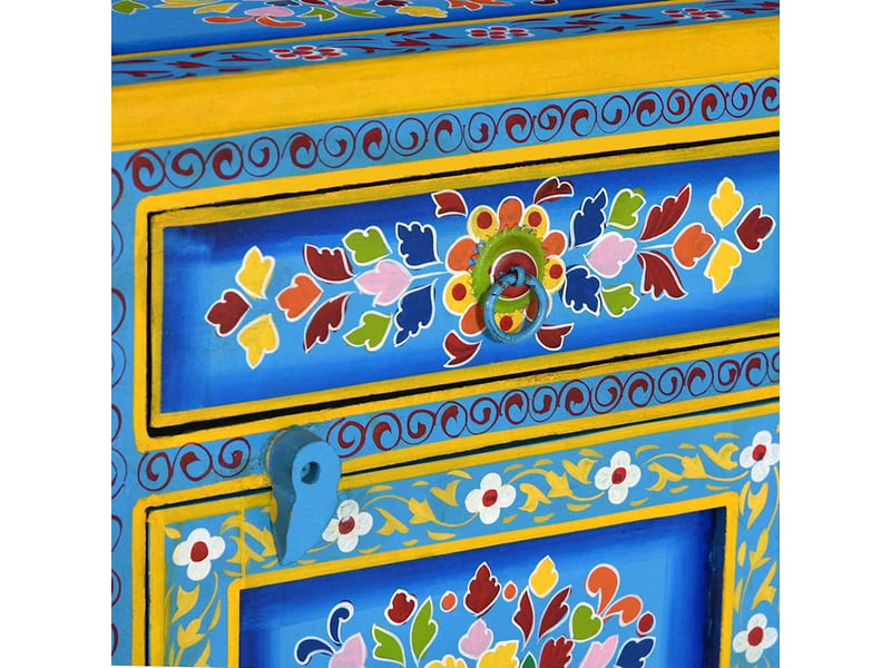 Table de chevet - cabinet de chevet - table de nuit bois de manguier turquoise peinture à la main - Conforama D
