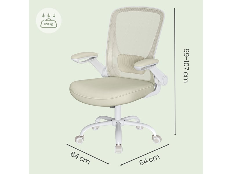  Fauteuil de bureau ergonomique, assise large 53 cm, accoudoirs rabattables, chaise de travail, support lombaire, tissu maille, pour chambre ou bureau, beige  - Conforama D