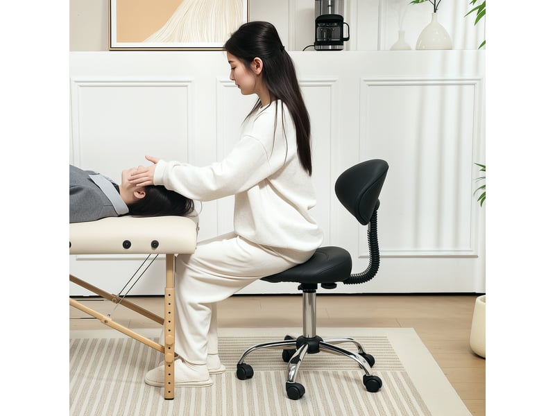 Tabouret à roulettes réglable en hauteur de 83 à 98 cm avec dossier pivotant à 360° pour bureau ou salon - Conforama B