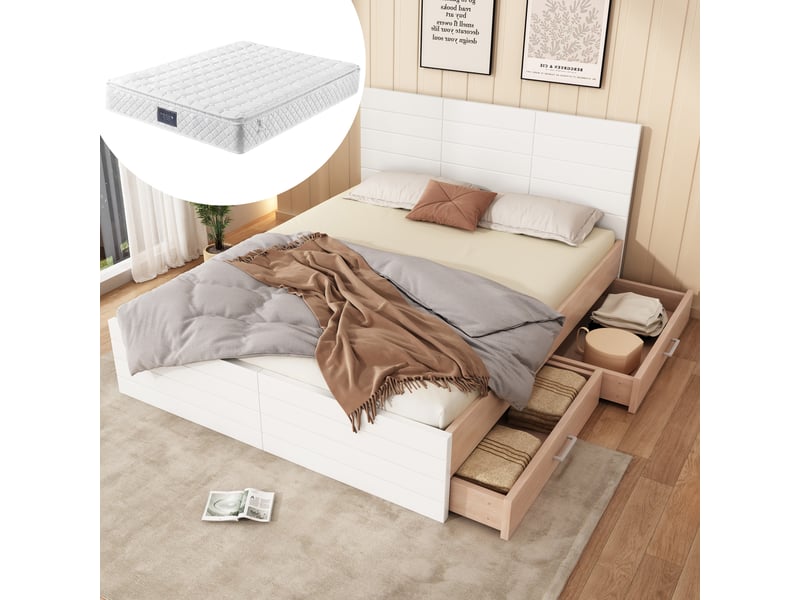  Cadre de lit, lit double 160x200 cm, 2 tiroirs, sommier à lattes, bois massif chêne blanc et clair, matelas inclus  - Conforama A