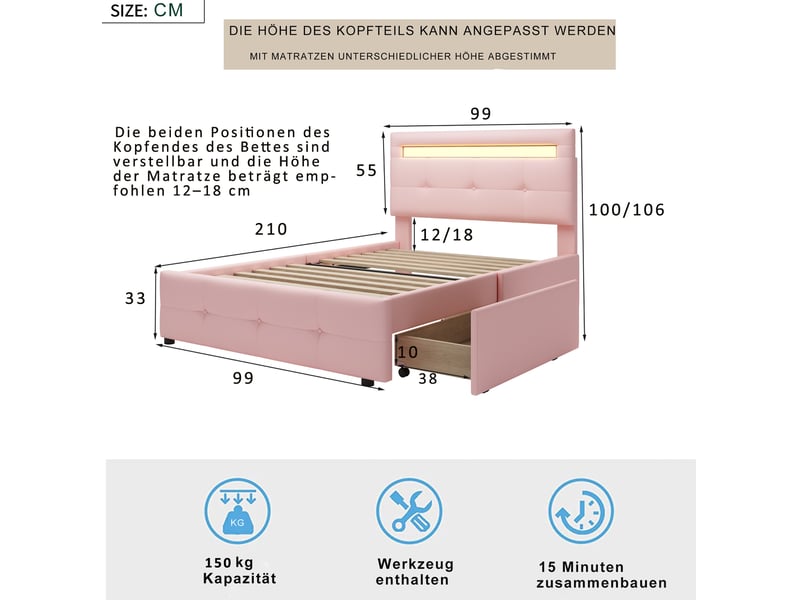  Lit simple 90x200 cm avec led et 2 tiroirs, revêtement en lin rose  - Conforama E