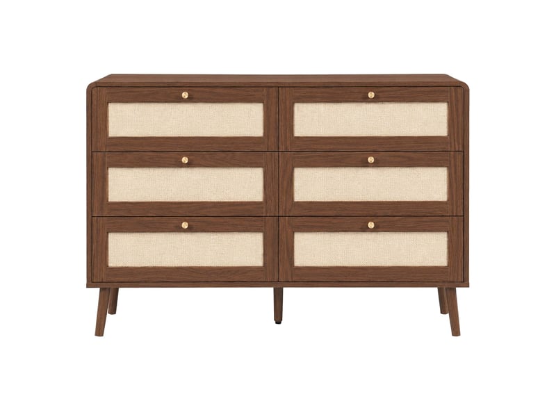  Commode à 6 tiroirs, 80 x 40 x 120 cm, façades de tiroirs en cannage, avec coins arrondis et pieds surélevés, finition en noyer  - Conforama A