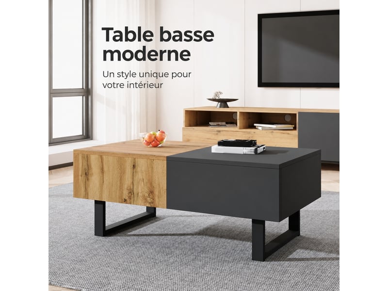  Table basse extensible avec rangement caché, effet bois et anthracite, de 100 à 155 cm  - Conforama E