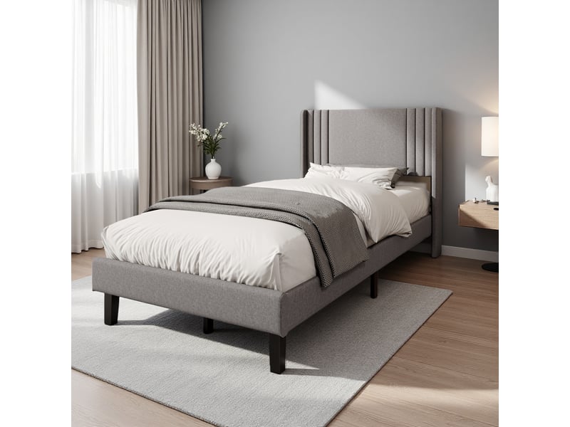  Lit simple rembourré 90x200 cm, lit 1 place avec tête capitonné, lit une personne avec sommier à lattes,tissu de lin, sans matelas  - Conforama B