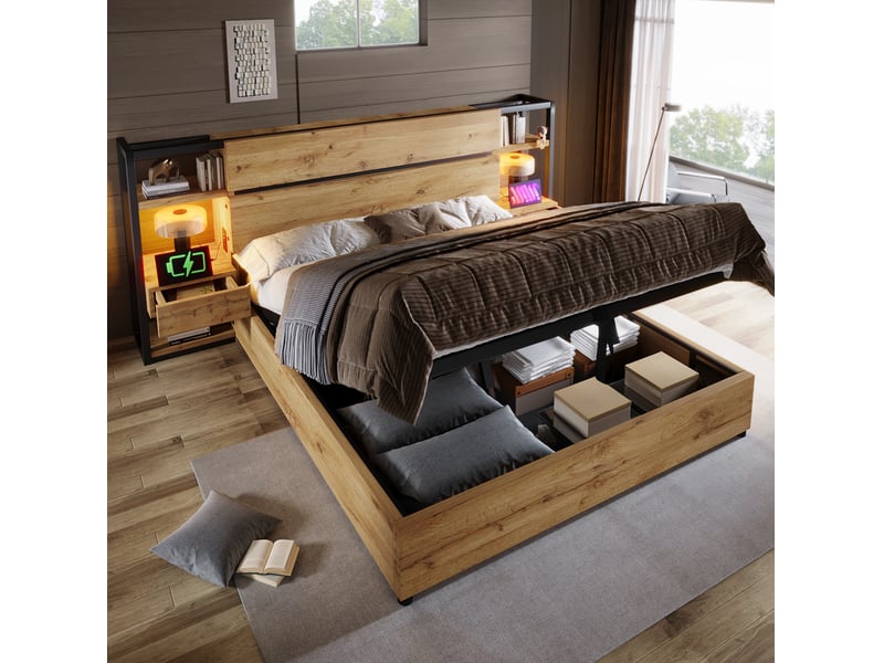  Lit coffre double 160 × 200 cm 2 places avec 2 tiroirs, usb, type-c et matelas inclus, en mdf et métal chêne  - Conforama C