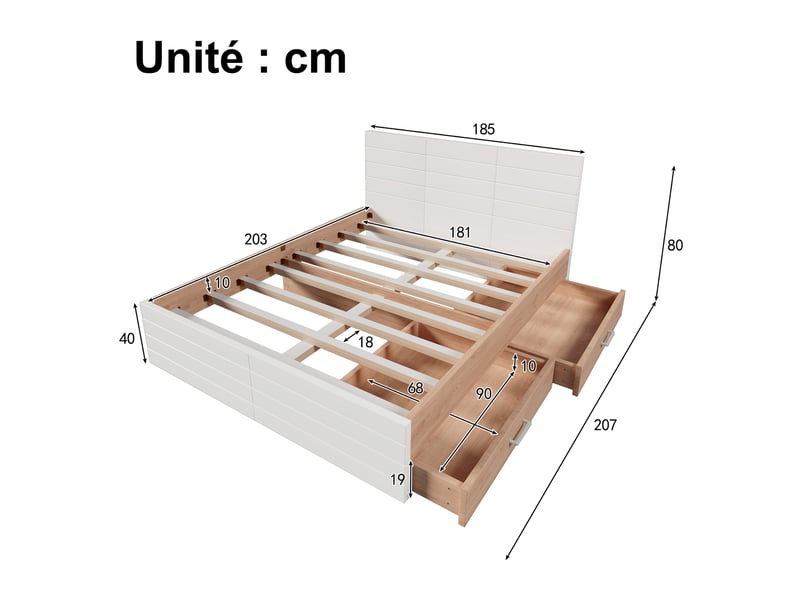  Lit avec rangement 180 x 200 cm - lit double avec sommier à lattes - bois mdf - sans matelas - blanc chêne  - Conforama C