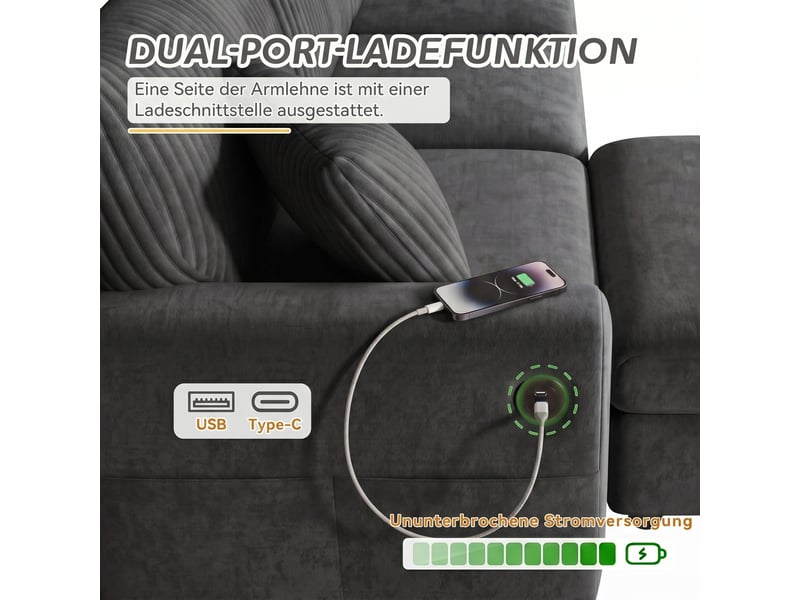  Canapé 4 places gris avec pouf - ports usb et type-c - l223cm - tissu chenille et velours côtelé  - Conforama D