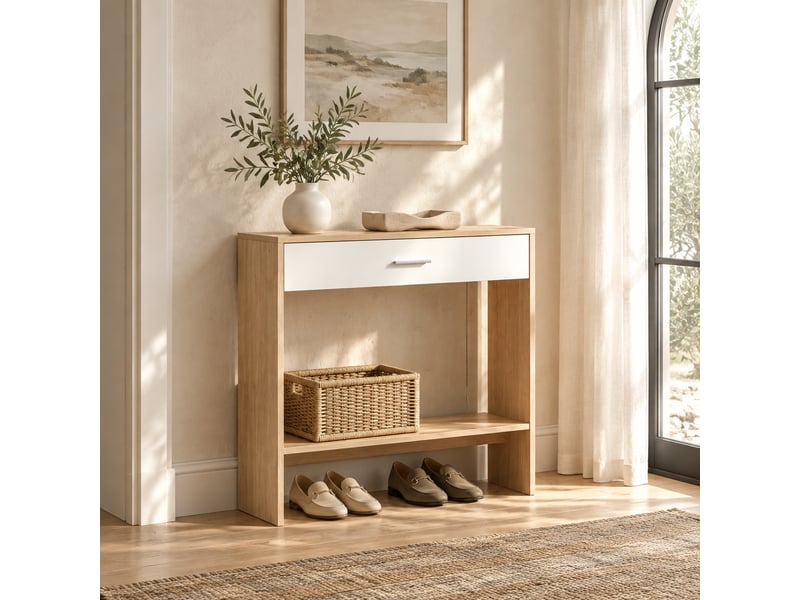  Console d'entrée avec miroir 91,5 x 27,9 x 85,5 cm, chêne et blanc, panneau de particules, tiroir et étagère  - Conforama B