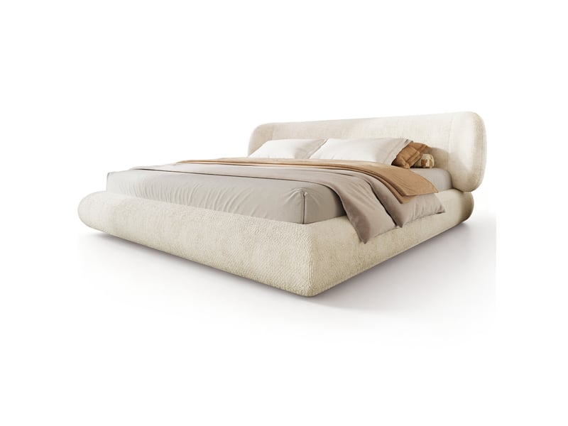  Lit double 140x190 cm en chenille beige avec sommier à lattes et tête de lit  - Conforama A