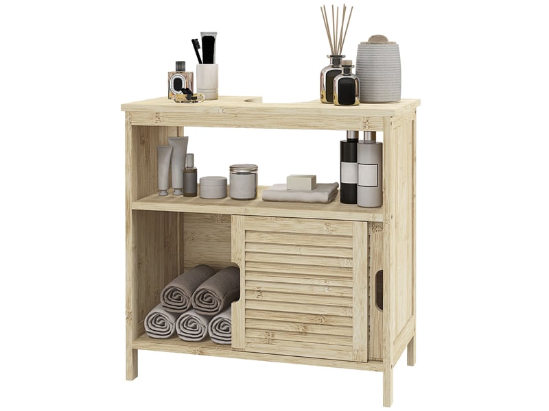  Meuble sous-évier avec portes coulissantes à lattes, compartiment ouvert, style moderne, 60x30x60 cm, naturel.  - Conforama B