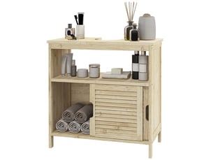 Meuble sous-évier avec portes coulissantes à lattes, compartiment ouvert, style moderne, 60x30x60 cm, naturel.