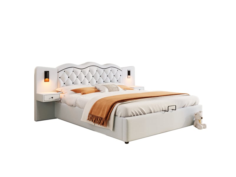  Lit coffre 180x200cm, lit adulte, tête de lit avec chevet, 2 éclairage latéral, prise usb, lin, beige, sans matelas  - Conforama A