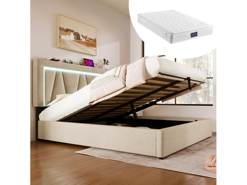  Lit coffre 140 x 200 cm beige avec led, usb et usb type-c  - Conforama B