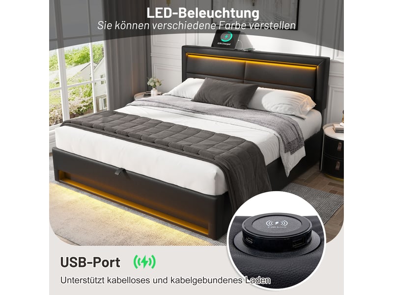 Lit rembourré 140x190 avec rangement - led 12 couleurs, port usb, charge sans fil, pu noir - Conforama E