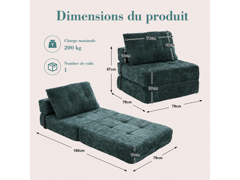 Chauffeuse convertible 1 place en chenille vert avec coussins, couchage 180 x 79 cm Fay Lum - Conforama C