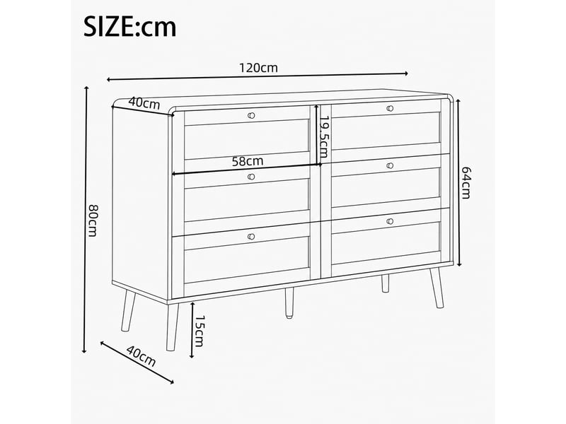 Commode 6 tiroirs de 120 cm de large, meuble d'appoint aux veinures alternées en rotin et noyer, coins arrondis et pieds surélevés, coloris noyer - Conforama C