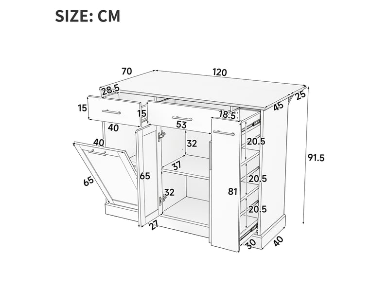  Îlot de cuisine blanc 120 cm avec plan rabattable, 3 tiroirs et rangement coulissant, pour cuisiner organisé  - Conforama C