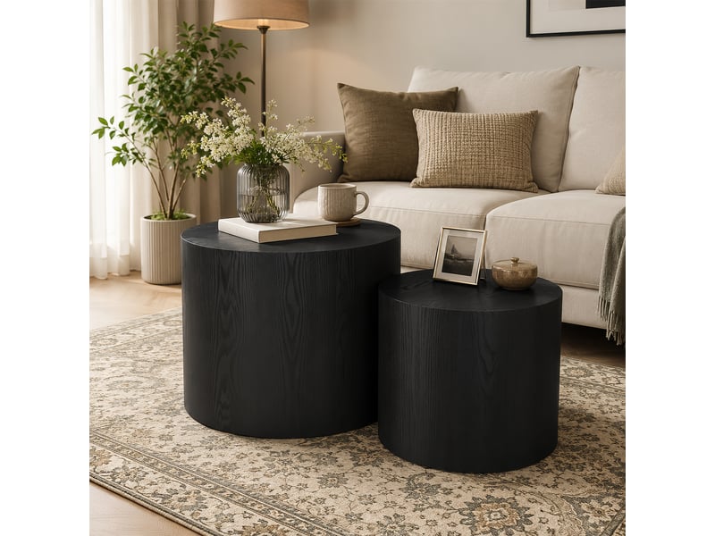  Tables basses gigognes rondes 2 pièces avec pieds antidérapants pour salon, chambre, bureau, balcon, terrasse en mdf noir  - Conforama C