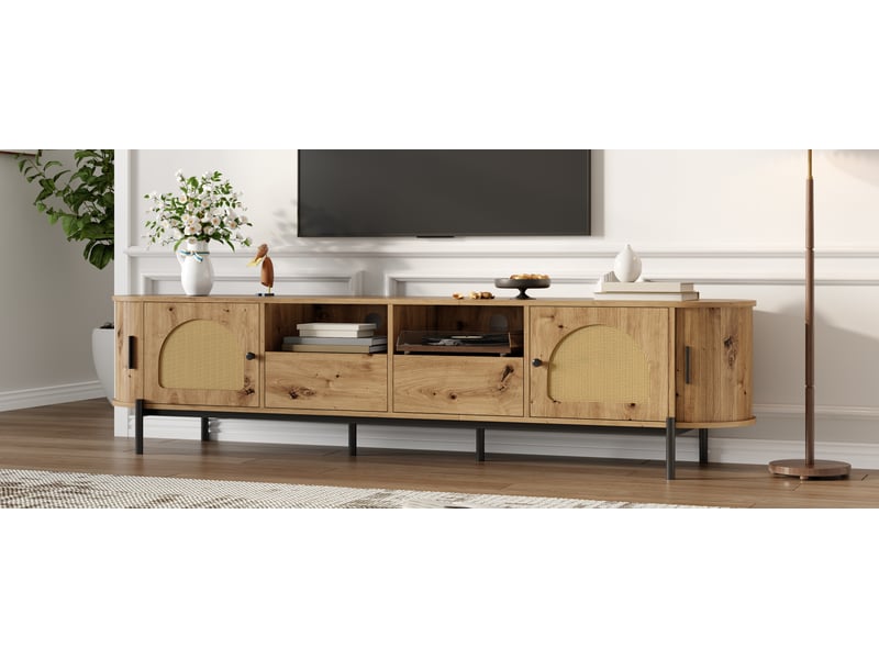  Meuble tv bas ovale en rotin rayofi - portes coulissantes, tiroirs, aspect bois, pieds métal, rangement, passe-câbles - prend en charge jusqu'à 40 kg.  - Conforama W