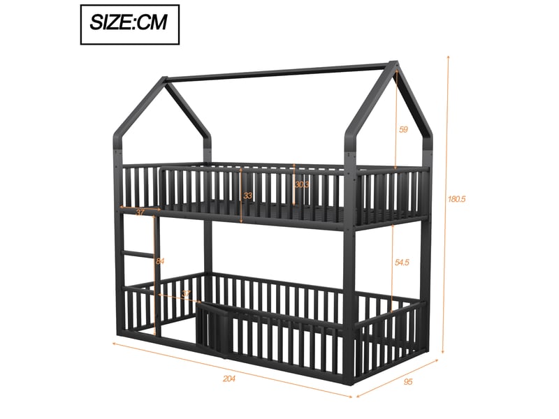  Lit superposé enfant 200×90 cm en forme de maison avec échelle frontale et petite porte, en métal noir  - Conforama D