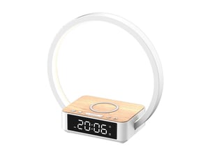 Lampe de chevet chargeur sans fil – avec réveil, tactile, dimmable, couleur bois