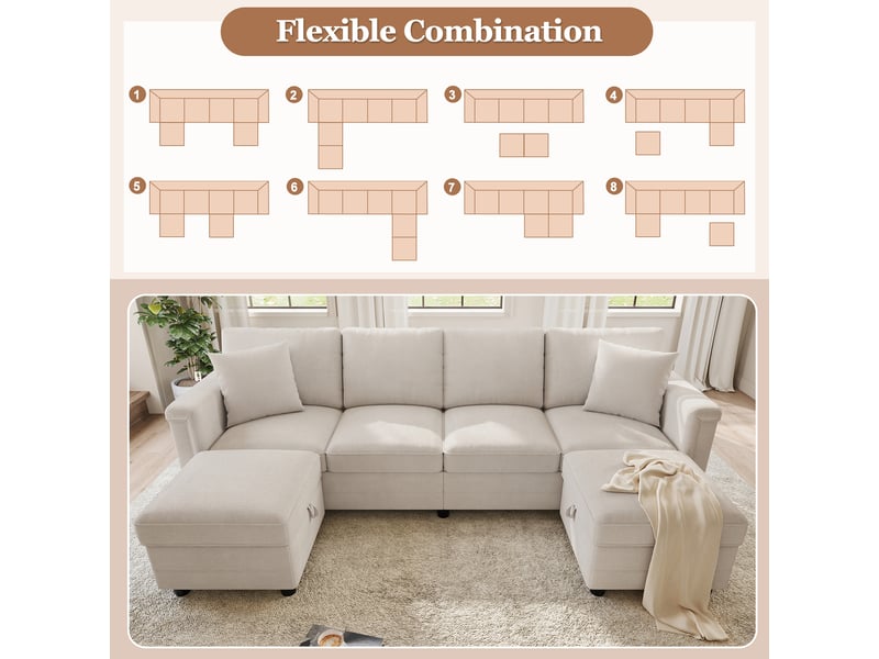  Canapé modulable beige en u et en l avec 2 poufs de rangement  - Conforama C