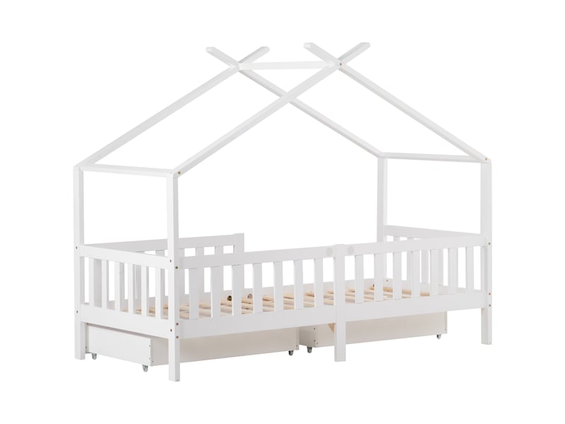  Lit cabane enfant 90x200 cm avec 2 tiroirs et barrières, blanc  - Conforama A