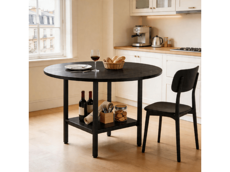  Table basse - table de salle à manger ronde moderne, finition bois noir et structure en métal noir avec étagère de rangement  - Conforama W