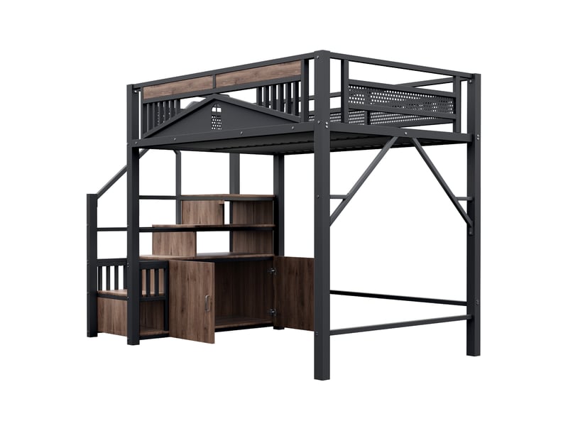 Lit mezzanine 140x200 cm avec barrière, escalier et placard, noir et brun, sans matelas - Conforama R