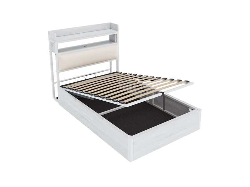 Lit simple 90x200 cm blanc, tête de lit rembourrée, coffre hydraulique, usb, bois et métal  - Conforama D