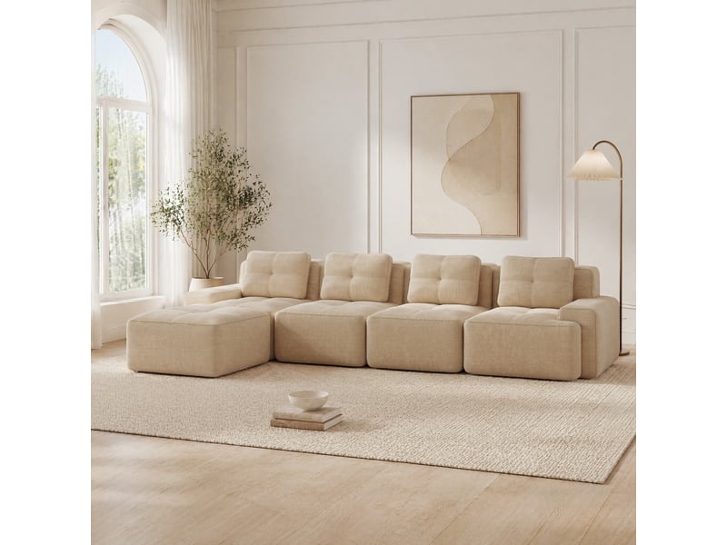 Canapé modulable 4 places avec méridienne en l beige en velours côtelé – 382 x 177 x 69 cm - Conforama D