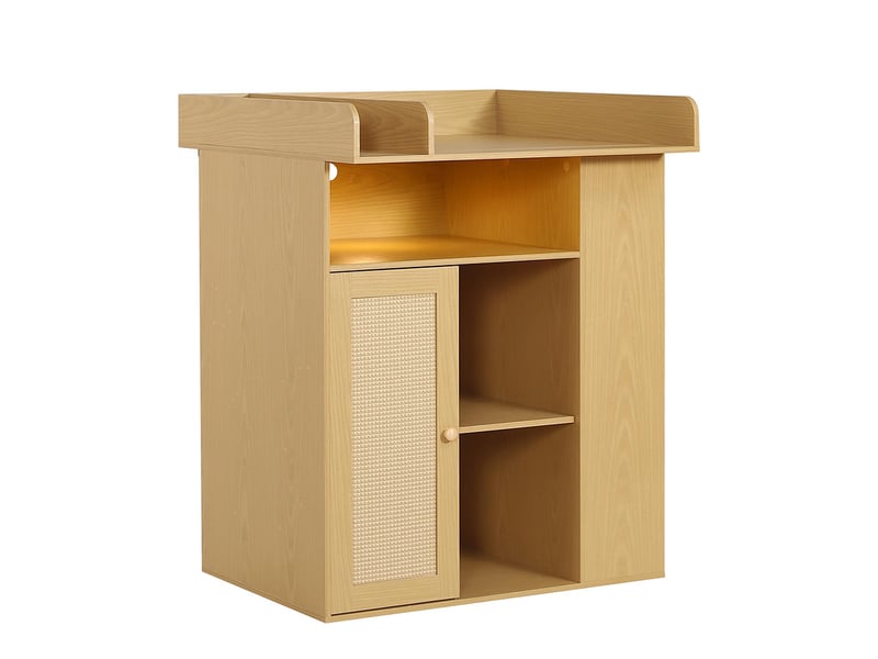 Table à langer bois naturel éclairage led réglable couleur luminosité grand rangement latéral espace à langer séparateur  - Conforama A
