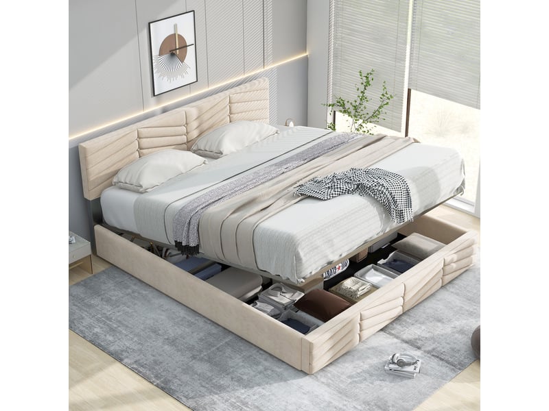  Lit capitonné 140 x 200 cm avec sommier à lattes et tête de lit réglable en hauteur, pour adultes et adolescents, support à lattes en bois, montage facile, velours beige.  - Conforama B