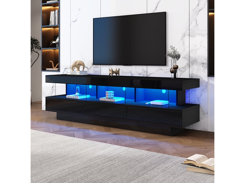  Meuble tv 160x38x50,5 cm noir laqué, 3 étagères en verre et éclairage led pilotable bluetooth par application, panneau de particules  - Conforama W