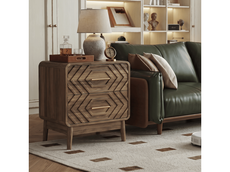  Table de chevet style sculpté géométrique avec deux tiroirs, chevet à bord courbé, meuble d'appoint en placage noyer, bureau de rangement pour chambre  - Conforama E