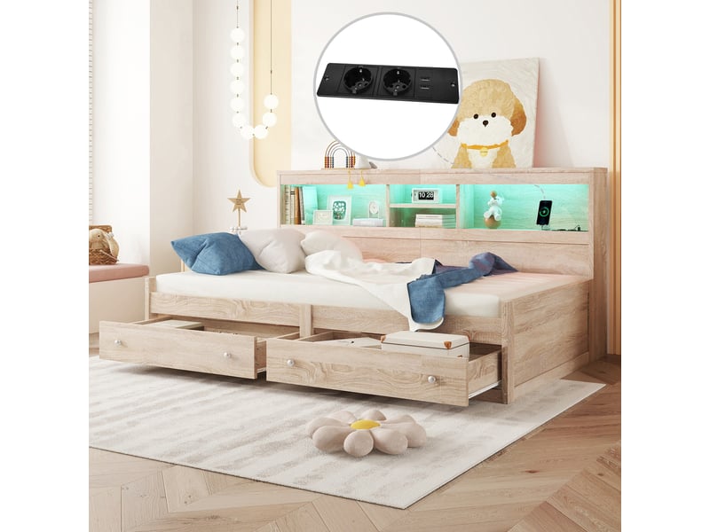 Lit banquette 90x200 lit de jour avec tiroirs et sommier - éclairage led prises usb bois naturel - Conforama W