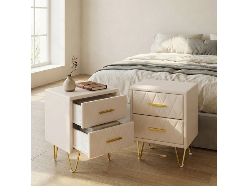 Lot de 2 tables de chevet 41x35,5x51 cm, 2 tiroirs, bout de canapé en tissu matelassé et pieds métal, velours, design moderne luxe, beige - Conforama B