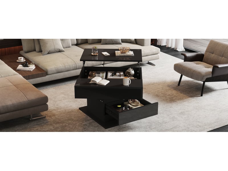  Table basse carrée 70x70x45 cm noire en panneau de particules avec plateau rotatif 360° réglable en hauteur jusqu'à 59 cm 1 tiroir et rangement dissimulé evarich - Conforama D