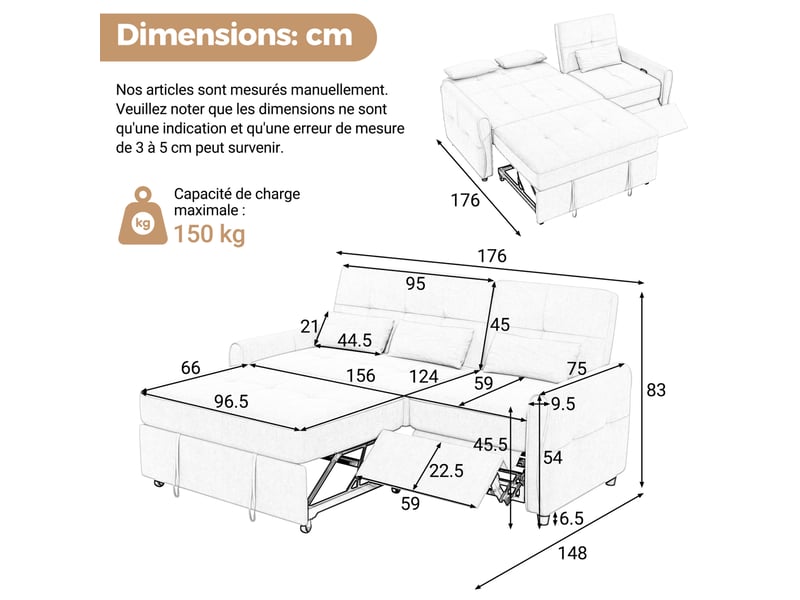 Canapé extensible 3 places 176x148x83 cm en chenille gris - Conforama C