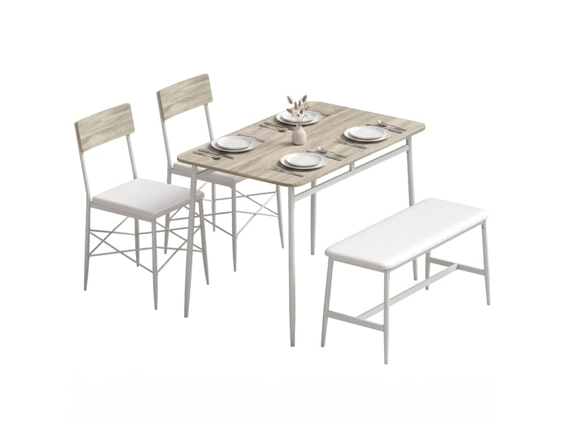  Ensemble table salle à manger avec 2 chaises et banc, assises rembourrées, pour salon, petit espace, chêne et blanc  - Conforama A